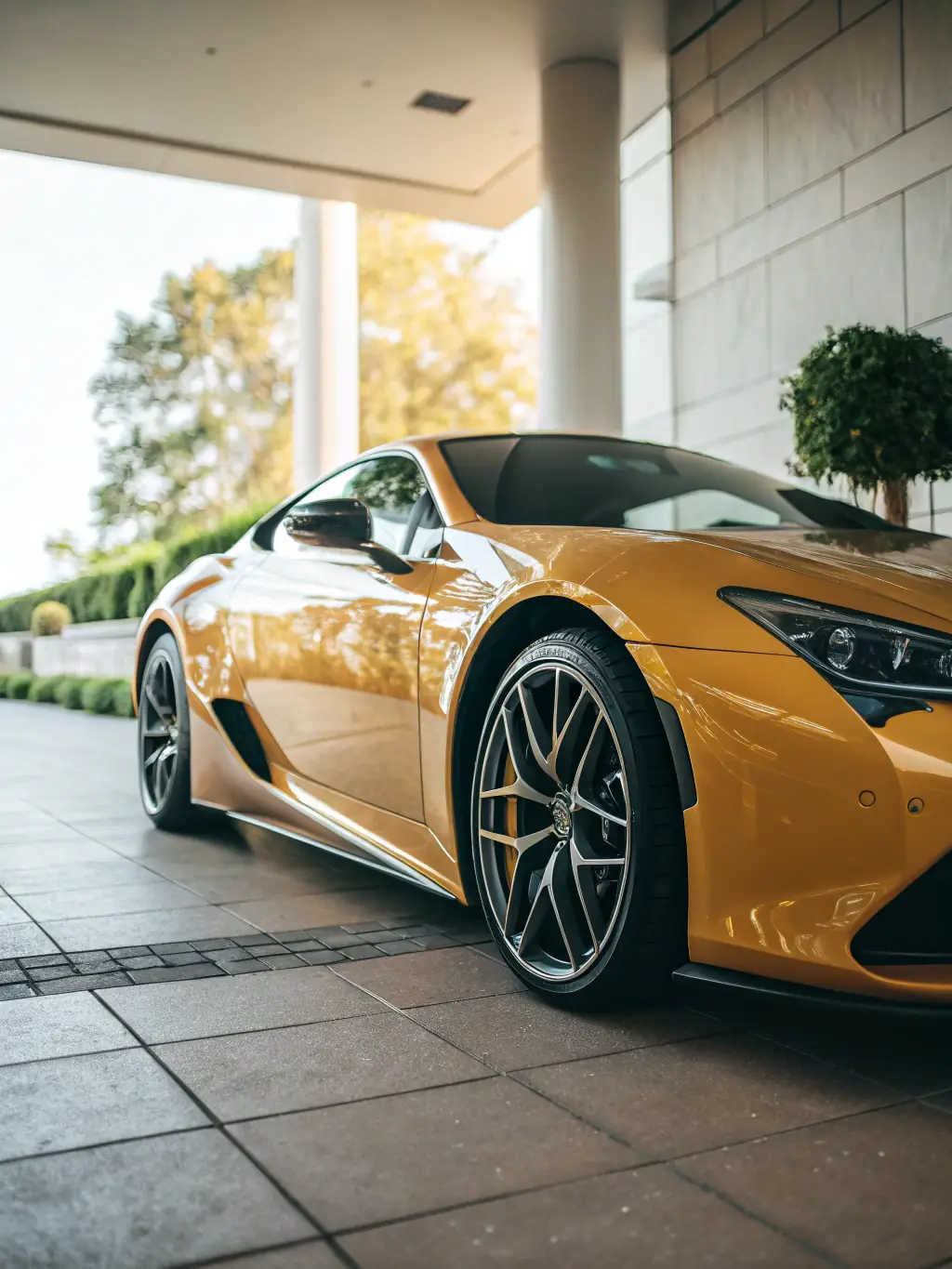 A shiny, well-waxed car parked outdoors, reflecting sunlight with a pristine finish after Turbo Sphere Auto Wash's premium service.